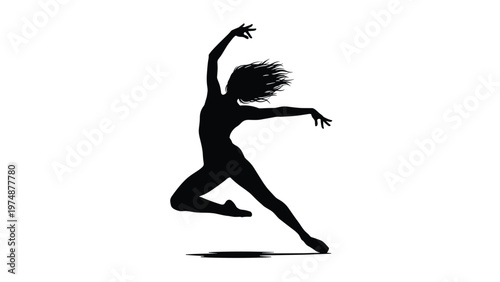 Striking silhouette of a female dancer in a dynamic and expressive pose with her hair blowing in the wind against a plain white background.