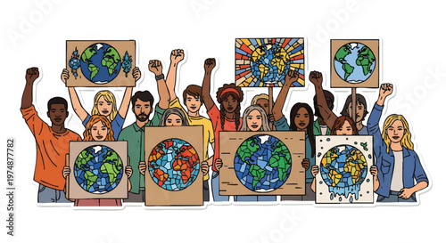 Diverse group of people holding up Earth paintings and signs