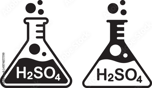Two conical flasks with chemical formula h2so4 and bubbling liquids