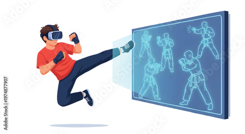 Man wearing VR headset kicking virtual martial arts screen