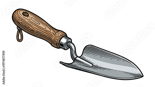 Realistic garden trowel illustration with a wooden handle and leather loop isolated on a white background for gardening.