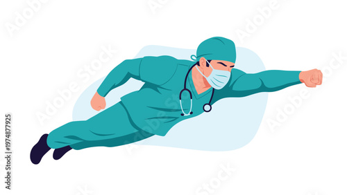 Superhero doctor character flying in scrubs and medical mask representing the heroic frontliners in the healthcare field.