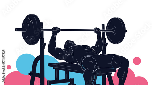 Athlete silhouette performing a bench press weightlifting exercise with a heavy barbell in a gym with abstract colors.