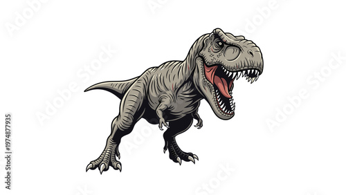Detailed Tyrannosaurus Rex dinosaur illustration roaring with mouth open and sharp teeth on a plain white background.