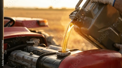 Close up of a gloved hand pouring amber fuel from a metal Jerry can into a red tractor's fuel tank at sunset