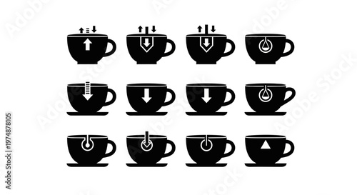 Set of twelve black and white icons depicting various processes and actions related to cups of liquid, with arrows indicating movement