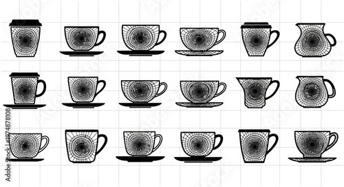 Artistic wireframe coffee cup collection with abstract geometric grid patterns and circular textures for creative cafe branding and modern graphic design projects