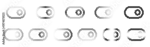 Set of black and white dotted geometric patterns with hexagons and octagons for minimalistic backgrounds and architectural designs