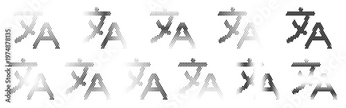 A set of ten black halftone letter A designs with dotwork patterns for logos, branding and typography