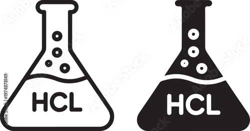 Two conical flasks with liquid and HCL labeling in contrasting styles