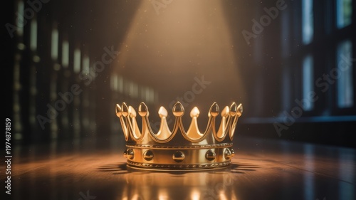Golden crown illuminated by a single spotlight on a wooden table
