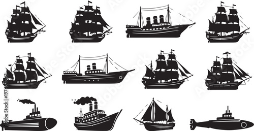 Collection of various black silhouettes of historical naval ships