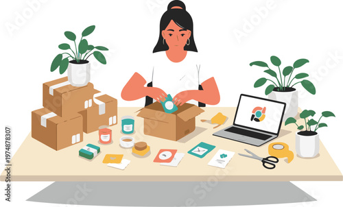 A woman packing boxes at a desk with plants and a laptop