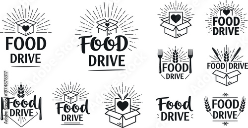 Food drive collection hand drawn style charity and donation emblems