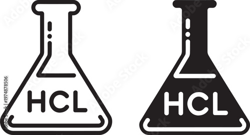 Two black and white illustrations of laboratory beakers with hcl labels