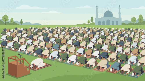 A serene flat design illustration depicting diverse Muslim individuals performing prayer Eid (Salat hari Raya) together in a large field. 