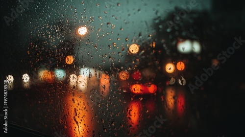 Rain drops on window with soft blurred city lights in background, moody realistic, cinematic look