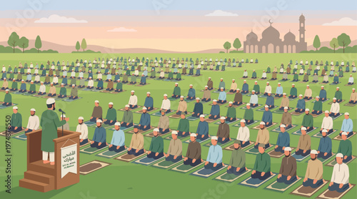 A serene flat design illustration depicting diverse Muslim individuals performing prayer Eid (Salat hari Raya) together in a large field. 