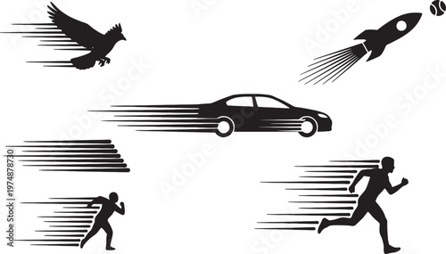 speed icons of car bird rocket and runners in motion