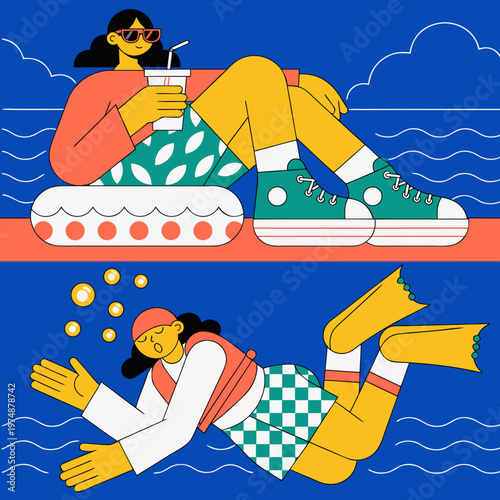 Young Woman playing and swimming in a Pool
