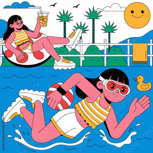 Young Woman playing and swimming in a Pool
