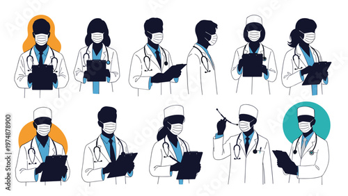 Group of doctor and nurse silhouettes wearing medical face masks and holding clipboards in various professional poses.