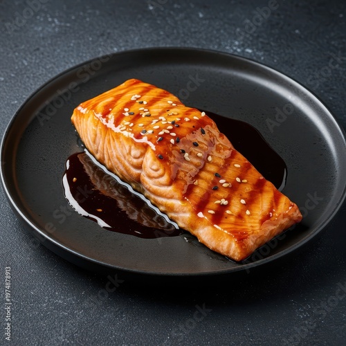Savory grilled salmon steak glistening with thick, sticky teriyaki sauce, served hot for a delicious and healthy seafood meal, fresh, glaze, appetizing