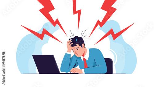 Stressed businessman at his desk with a laptop feeling overwhelmed by extreme work pressure and red lightning bolts.