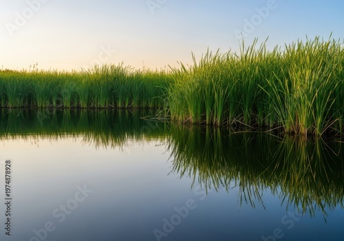 Serene natural pond bordered by tall green reeds and lush vegetation under a soft summer sky. The still water reflects the tranquil environment perfectly, serene, wild, clear
