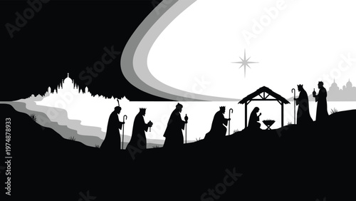 Spiritual silhouette depiction of the nativity scene with three wise men and a star over the manger building.