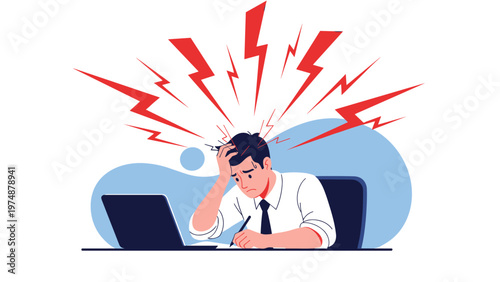 Overwhelmed office worker sitting at a laptop with several red lightning bolts around his head representing stress.
