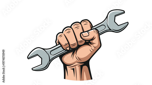Powerful hand clutching an adjustable wrench signifies manual labor, repair work, and mechanical strength on a clean white background.