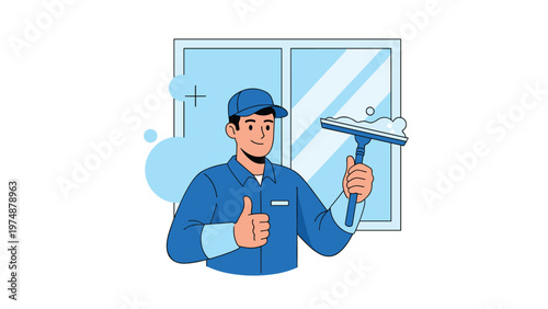 Friendly cartoon window cleaner in a blue uniform giving a thumbs up while holding a cleaning squeegee and foam.