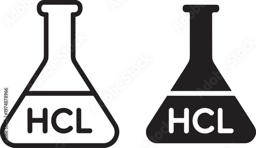 Two conical flasks displaying hcl chemical formula in black and white