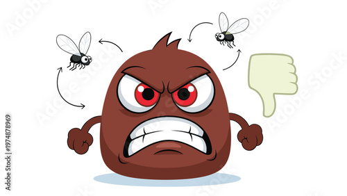 Angry brown emoji character with red eyes and gnashing teeth surrounded by flies and a thumbs down sign for negative feedback concepts.