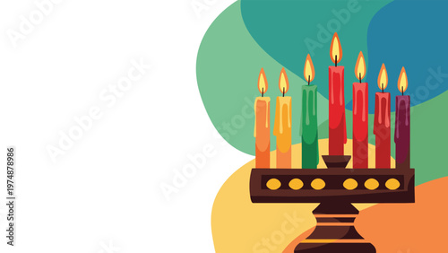 Traditional Hanukkah menorah with nine lit candles in bright colors set against a decorative abstract background for holiday cards.