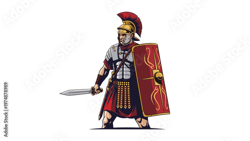 Detailed illustration of an ancient Roman soldier in full battle armor with a golden helmet, large shield, and sharp gladius sword.