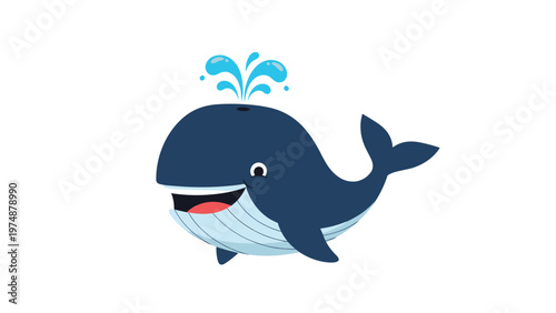 Joyful blue cartoon whale with a happy smile spouting water from its blowhole, isolated on a white background for children designs.