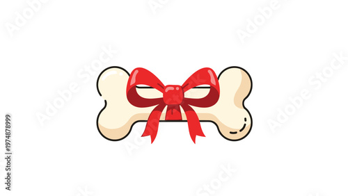 Festive cartoon dog bone wrapped in a bright red ribbon bow, perfect for pet birthday celebrations or animal gift-giving concepts.