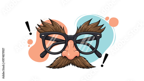 Classic comedy disguise mask featuring black glasses thick brown eyebrows a large nose and a matching mustache over a splash background.