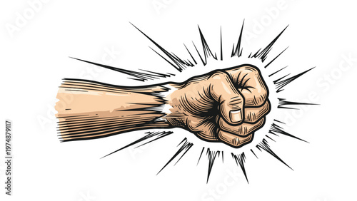 Strong clenched human fist punching forward with dynamic motion lines indicating a powerful impact on a white background.
