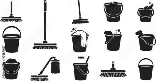 Cleaning tools and supplies icons in black