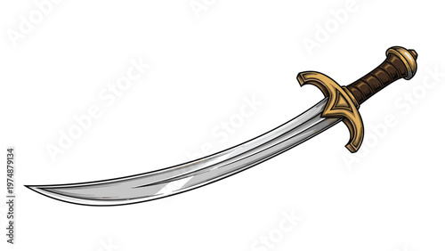 Detailed illustration of a curved scimitar sword with a sharp silver blade a golden hilt and a brown leather wrapped handle.