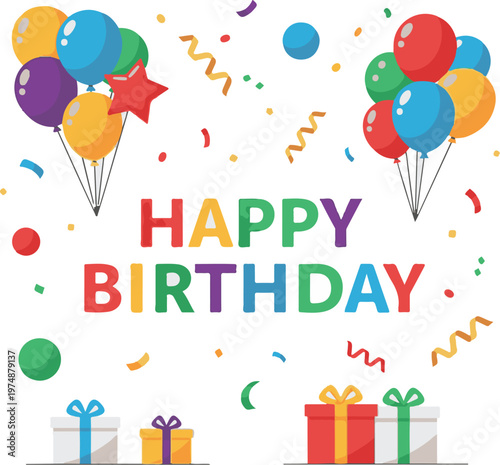 A colorful illustration celebrating a happy birthday with balloons and gifts