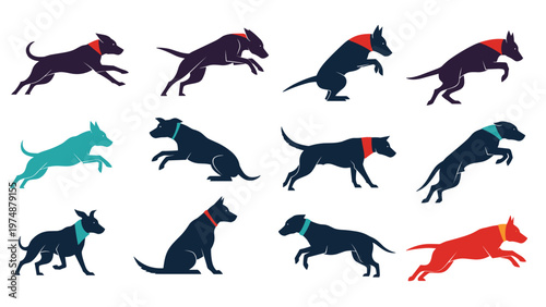Colorful collection of dog silhouettes showing various breeds and activities like running, jumping, and sitting on a white background.