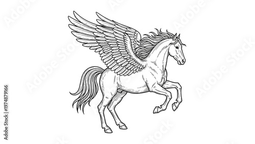 Majestic black and white line art illustration of a mythical winged horse or pegasus in a powerful galloping pose.