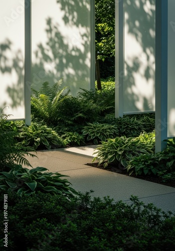 Soft light filters through modern semi-transparent architectural veils, creating dappled shadows over green park pathways and plants, symmetry, recreation, serene