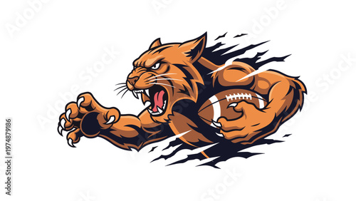 Aggressive brown wild cat mascot clutching an American football and breaking through a surface with high speed and energy.