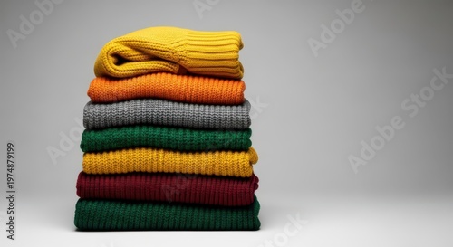 Stacked natural wool knitwear, including chunky sweaters and thick scarves, creating a pile of cozy, essential winter warmth, blanket, natural, pile