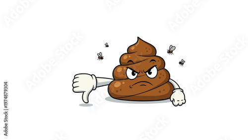 Angry brown poop character with a furrowed brow and a frowning mouth giving a thumbs down sign surrounded by flies.